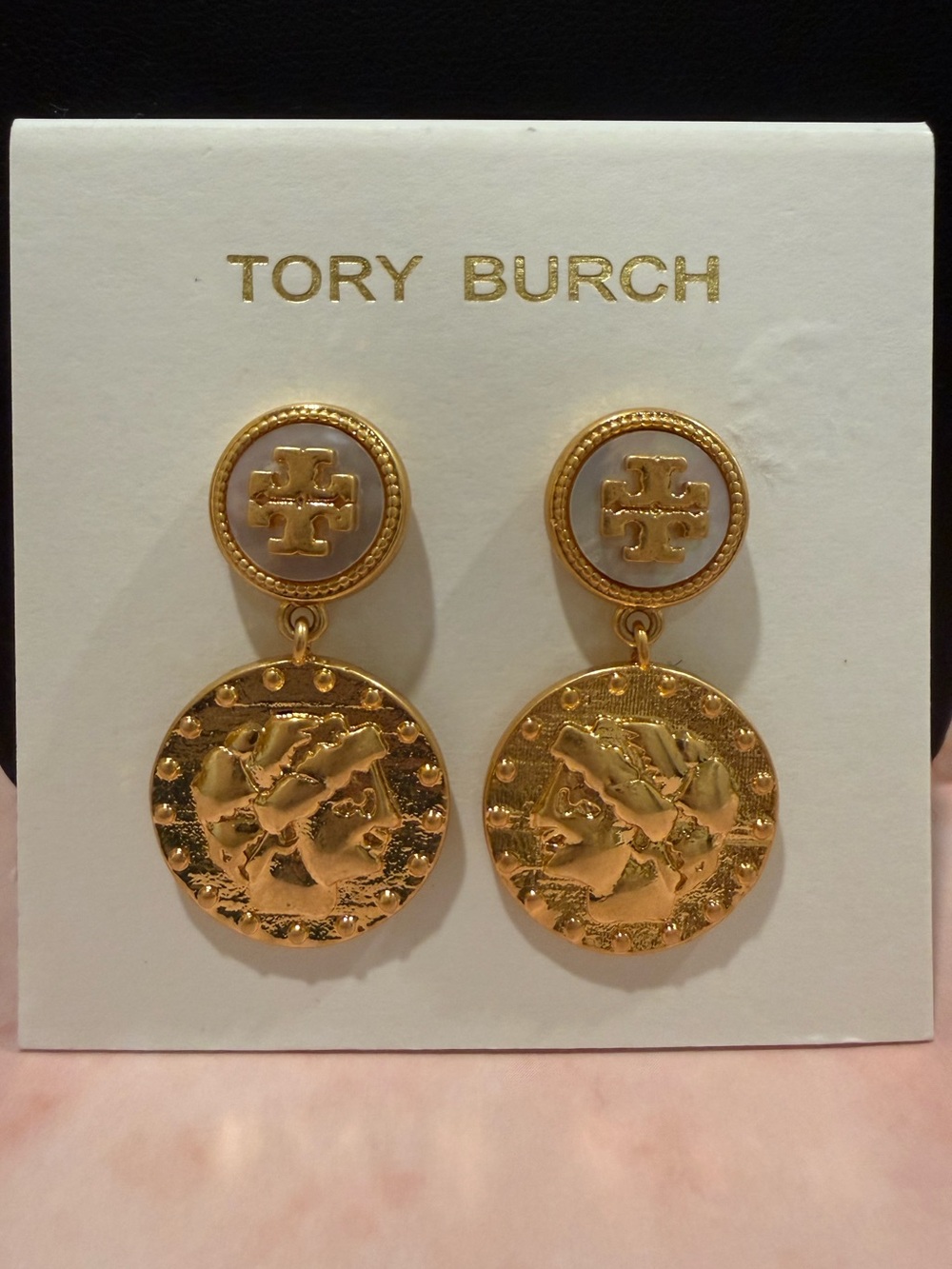 Tory Burch | Gold Plated & Mother of Pearl Medallion Earrings | Small/Med